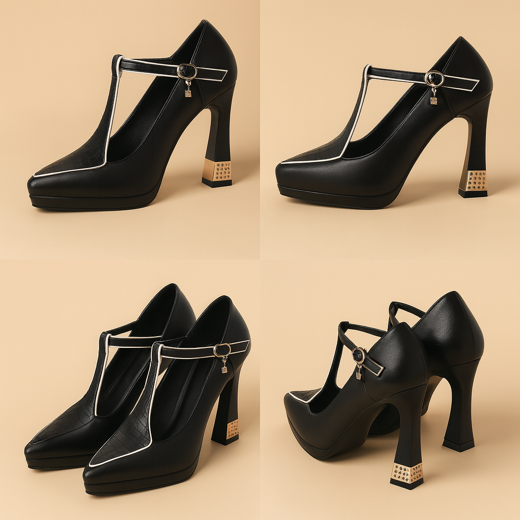 Black high-heeled shoes with T-straps on a beige background