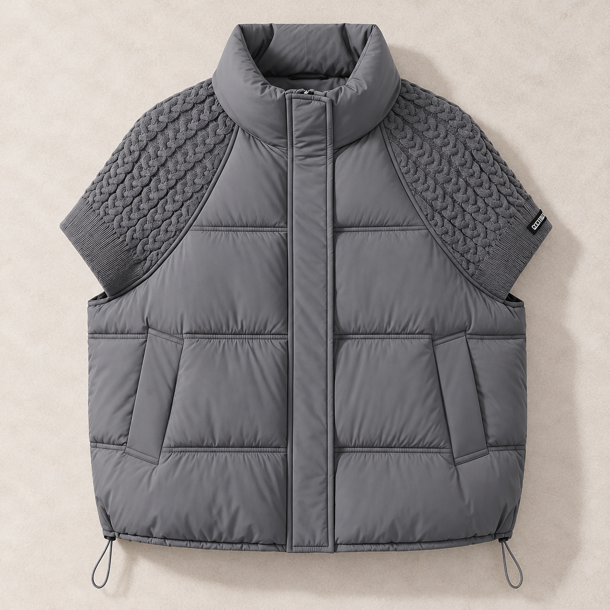 A gray puffer vest with a mock neck and zip closure, featuring textured cable-knit shoulder panels and short sleeves, laid flat on a neutral beige background.