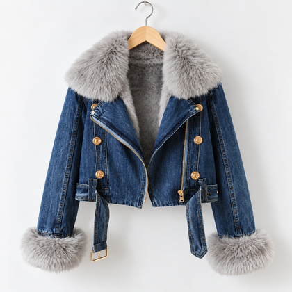 A cropped blue denim jacket with a large gray faux-fur collar and matching gray faux-fur cuffs, hanging on a wooden hanger against a plain white background.