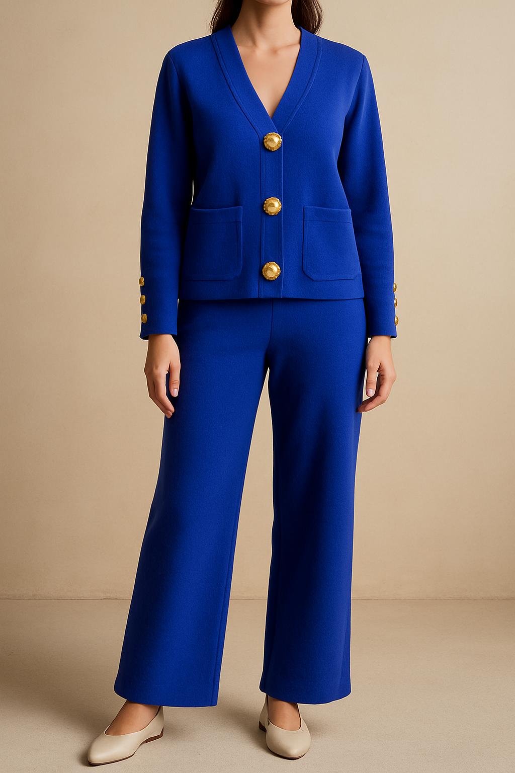 Blue suit with gold buttons on a beige background