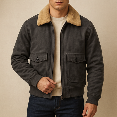 Man wearing a dark leather jacket with a beige fur collar against a beige background