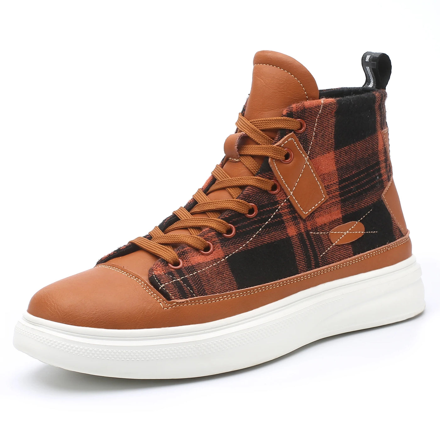 Brown and black plaid high-top sneaker on a white background