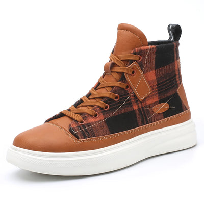 Brown and black plaid high-top sneaker on a white background