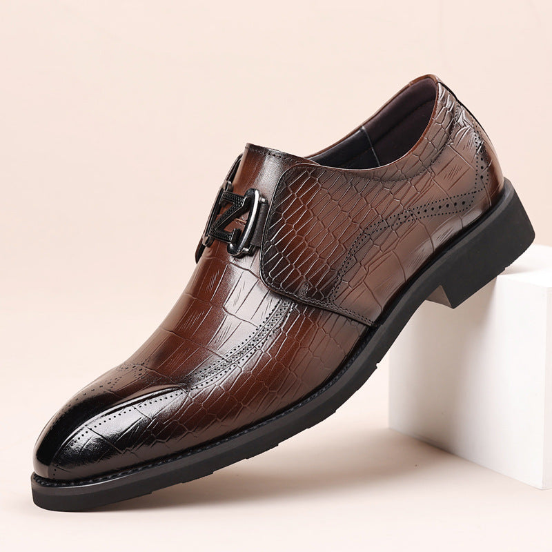 Brown leather dress shoe with black buckle on a beige background