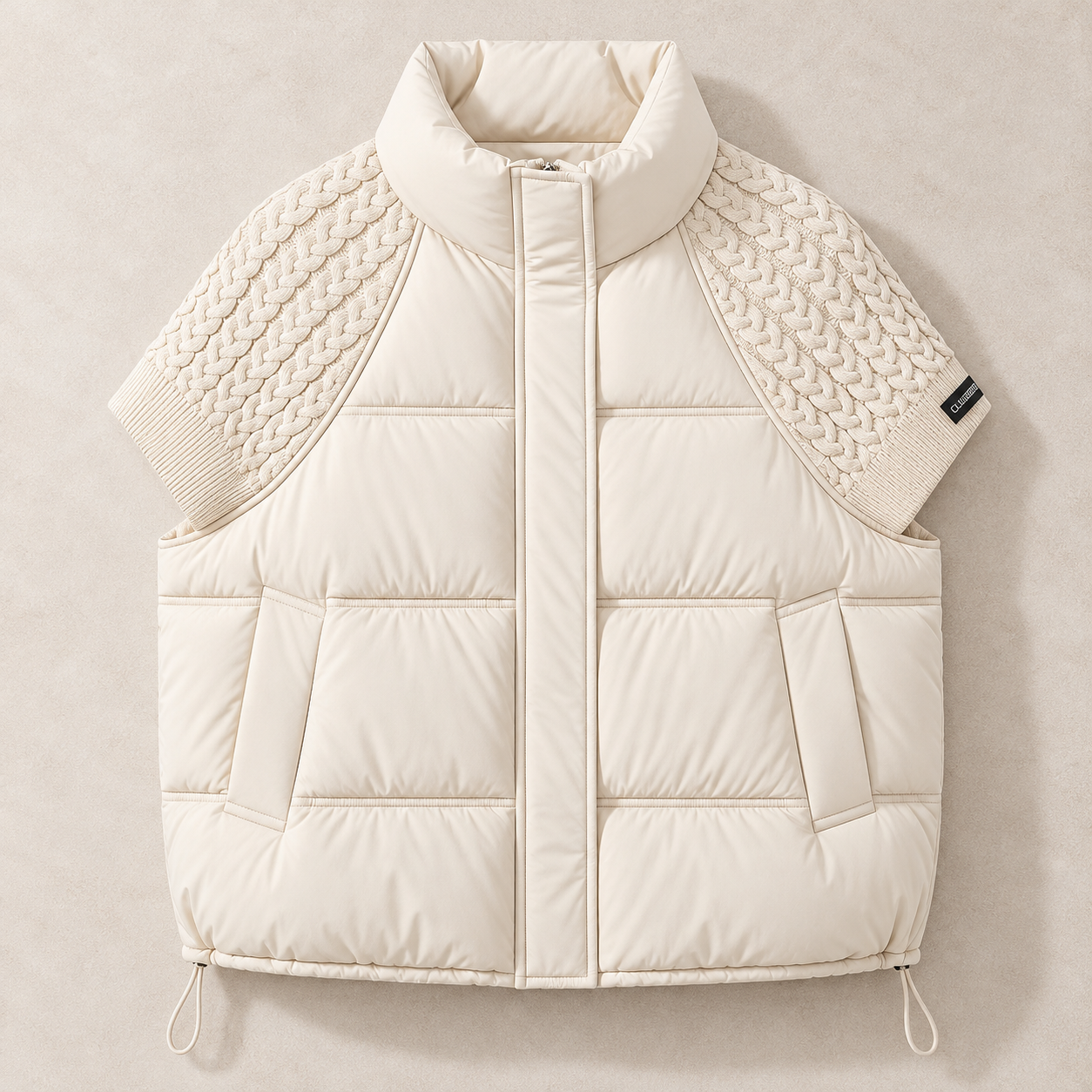An off-white puffer vest with short sleeves, featuring textured cable-knit shoulder panels and a full front zipper, laid flat on a neutral beige background.