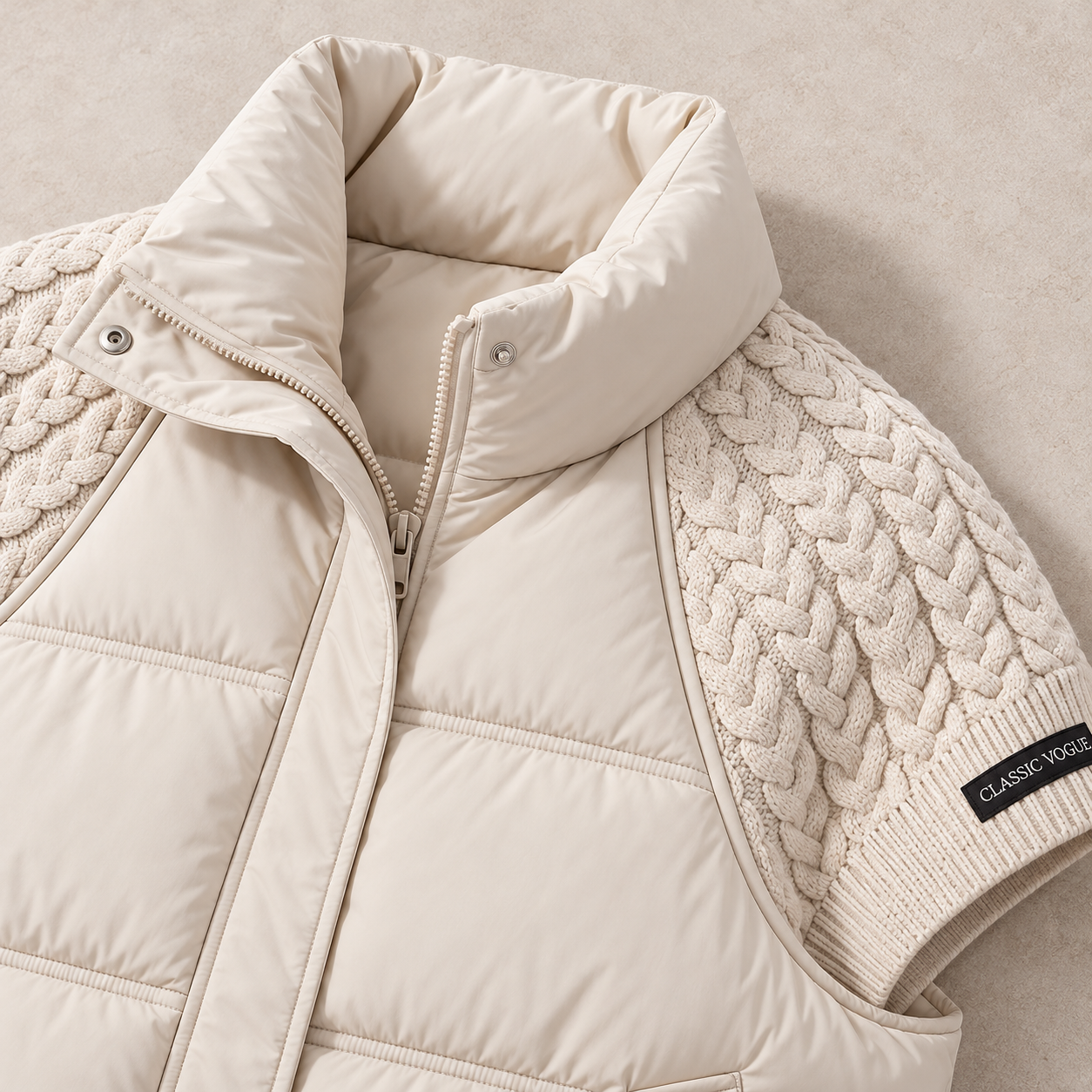 Close-up of a cream-colored puffer vest with knit cable-sweater sleeves, featuring a high stand-up collar and a zipper closure.