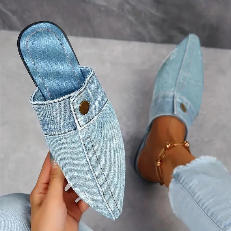 Bella Denim Slide Mules – Pointed-Toe Flat Slippers