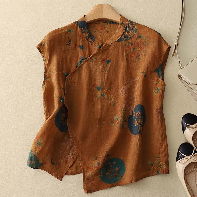 Mei Linen Sleeveless Blouse – Floral Loose Fit Summer Top