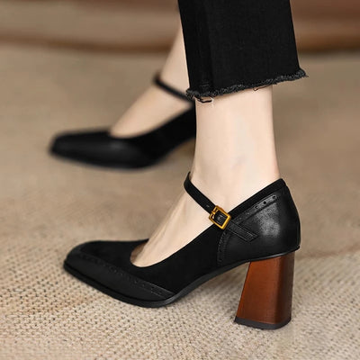 Clara Leather Heeled Shoes – Women’s Thick Heel Office Pumps