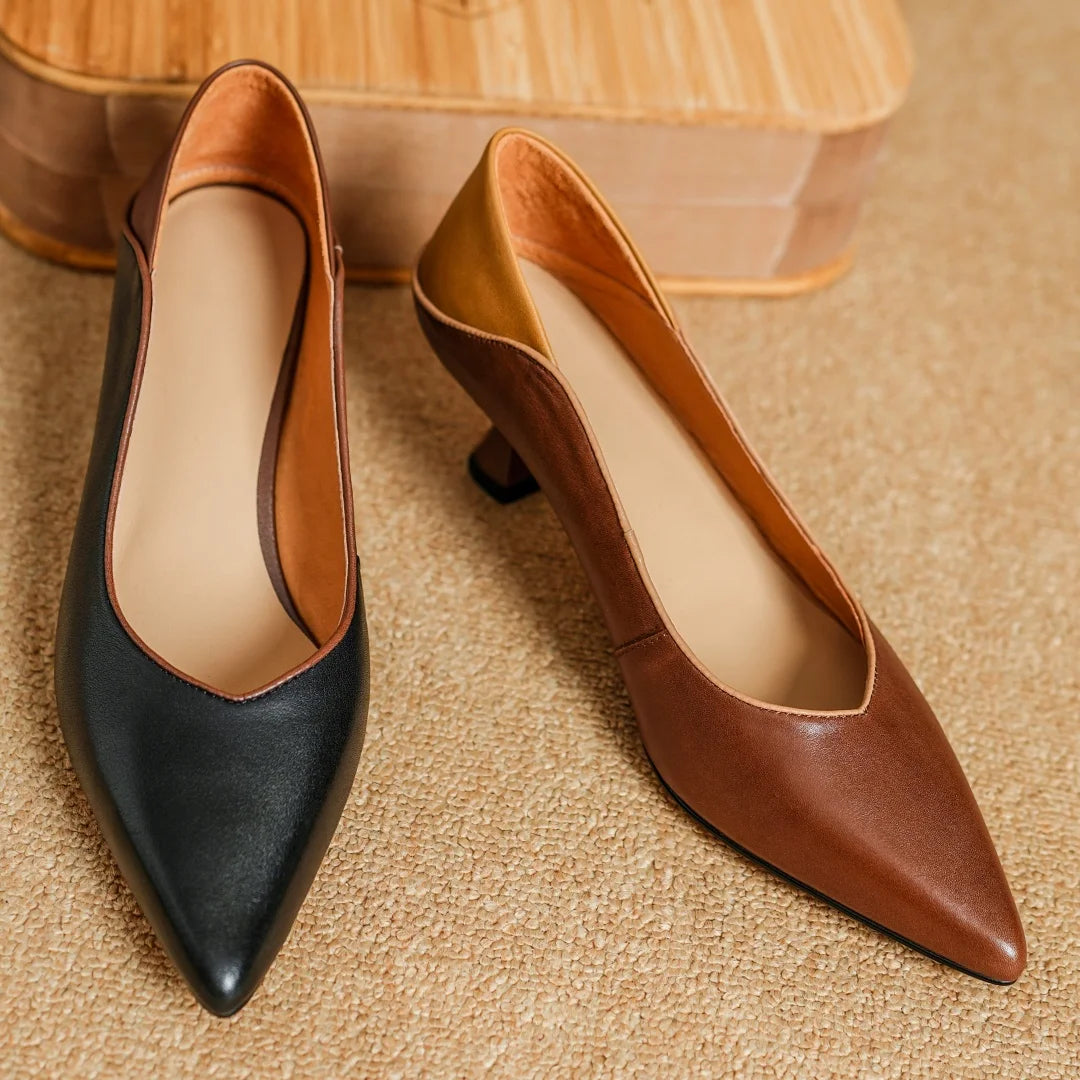 Elena Leather Heeled Pumps – Women’s Pointed Toe Two-Tone Shoes
