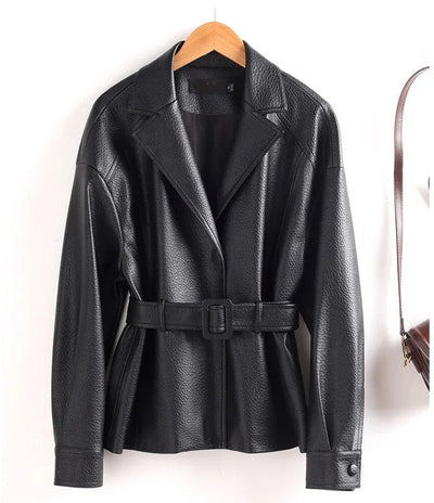 Black leather jacket with a belt on a white background