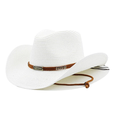 White straw hat with a brown band and decorative buckle on a white background