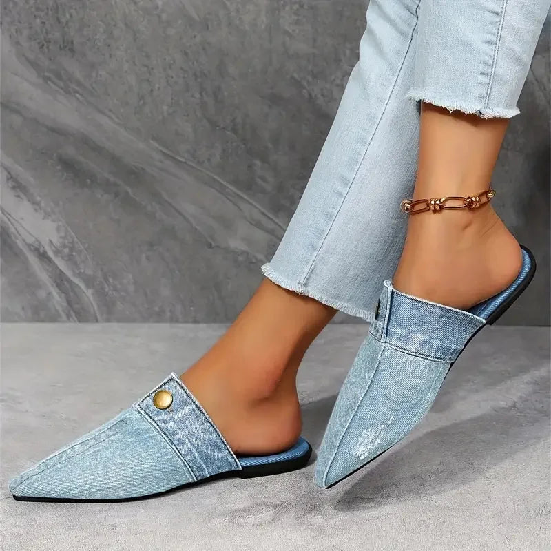 Bella Denim Slide Mules – Pointed-Toe Flat Slippers