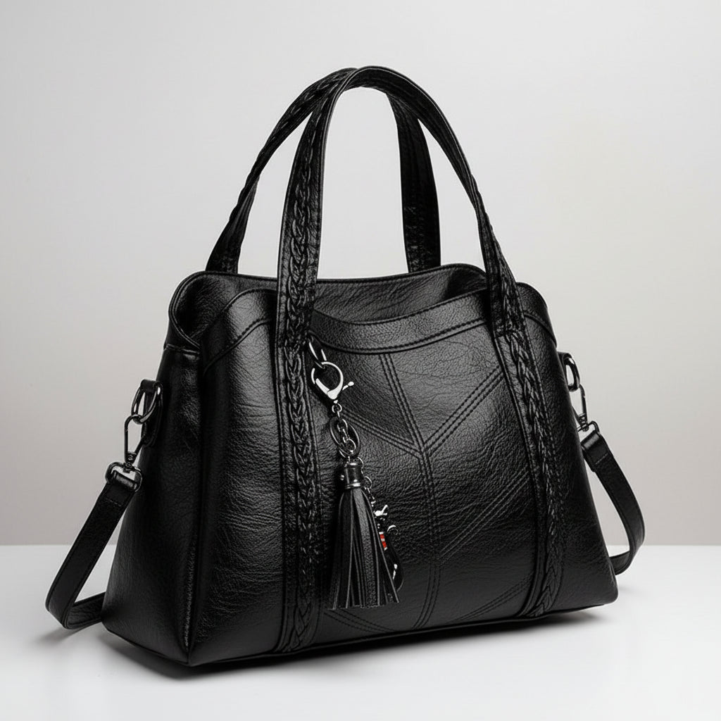 Black handbag with braided handle and strap on a beige background