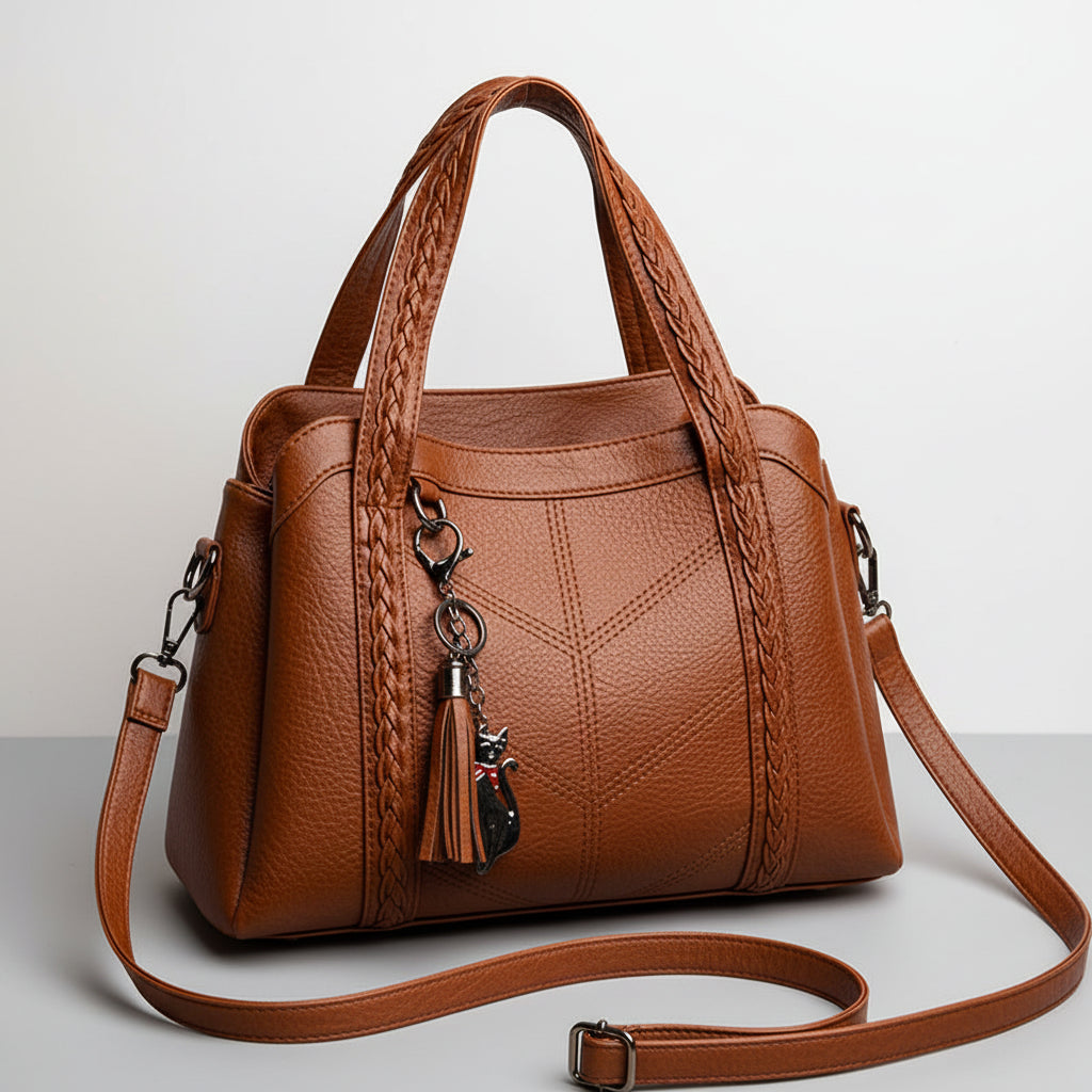 Brown leather handbag with braided handle and tassel on a beige background