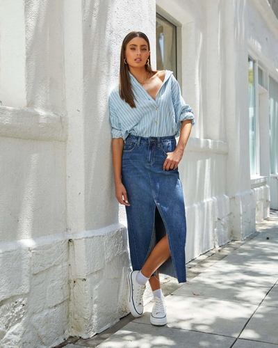 Gianna Denim Split Skirt – High-Waist A-Line Midi Skirt