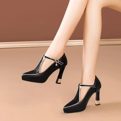 Colette T-Strap Heels - Women’s Pointed Toe Block Pumps with Gold Charm