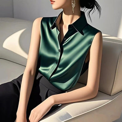 Lorenza Satin Sleeveless Blouse – Women’s Polo-Neck Top