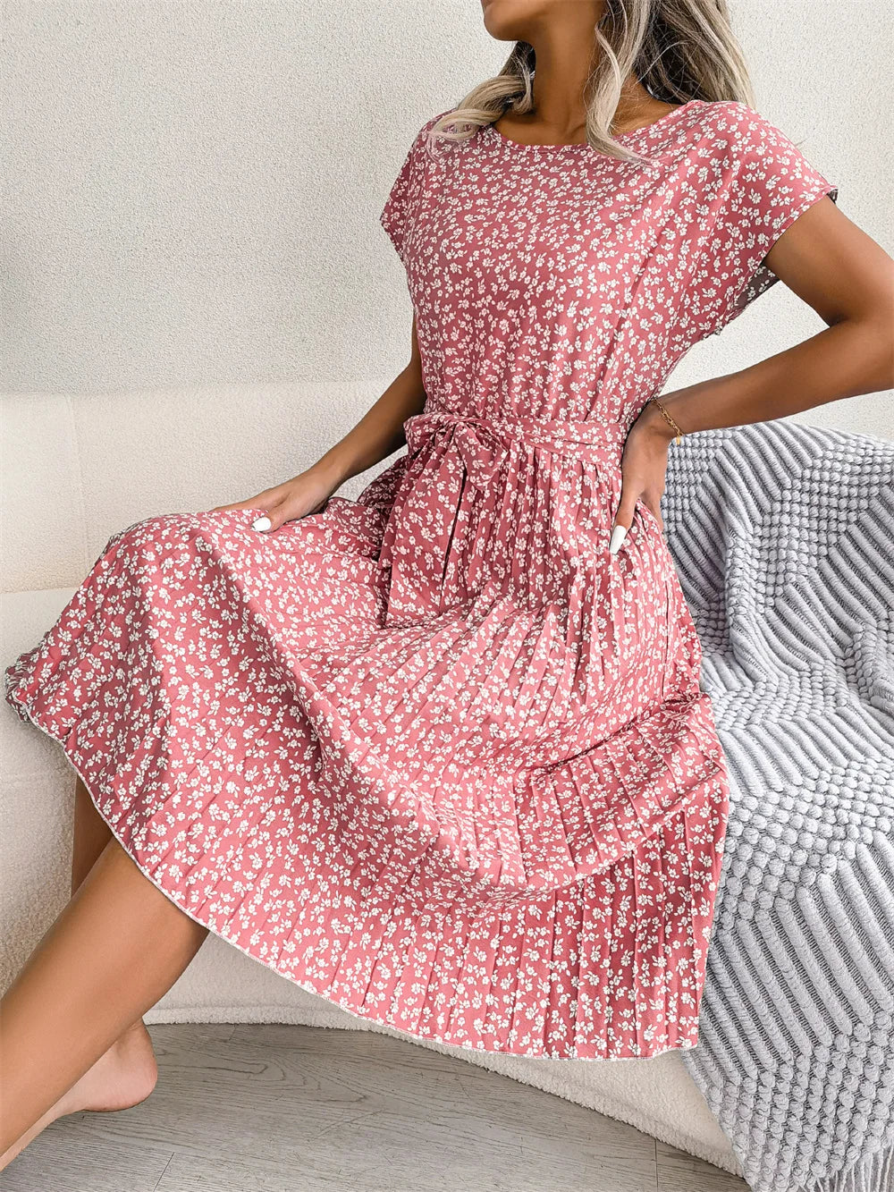 Valentina Floral Pleated A-Line Dress – Women’s High-Waist Midi