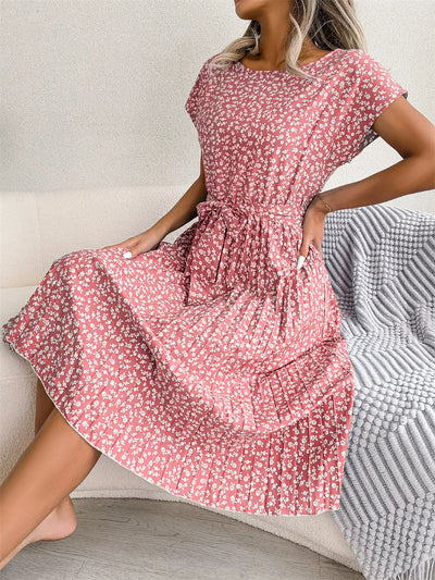 Valentina Floral Pleated A-Line Dress – Women’s High-Waist Midi