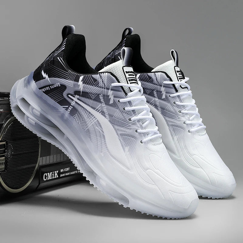 White and black sneakers on a gray background