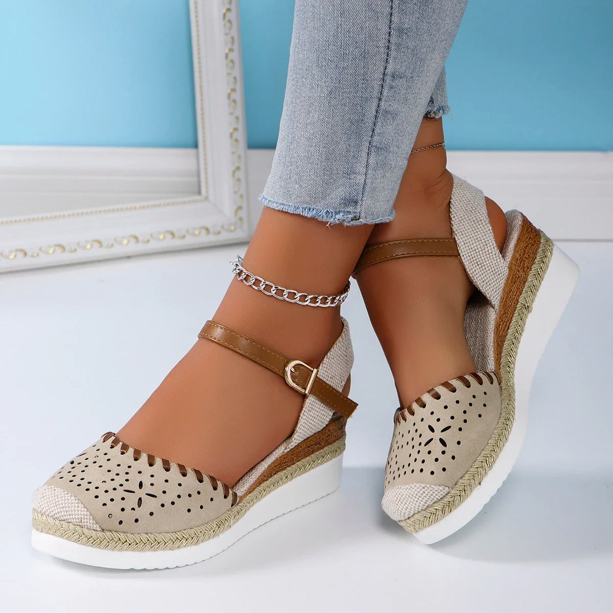 Mara Closed-Toe Wedge Sandals – Women’s Summer Espadrilles with Buckle Strap