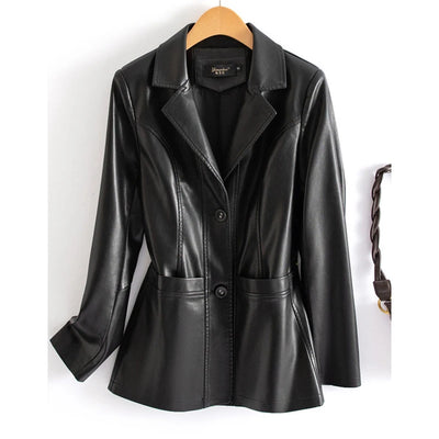 Black leather jacket on a hanger against a white background