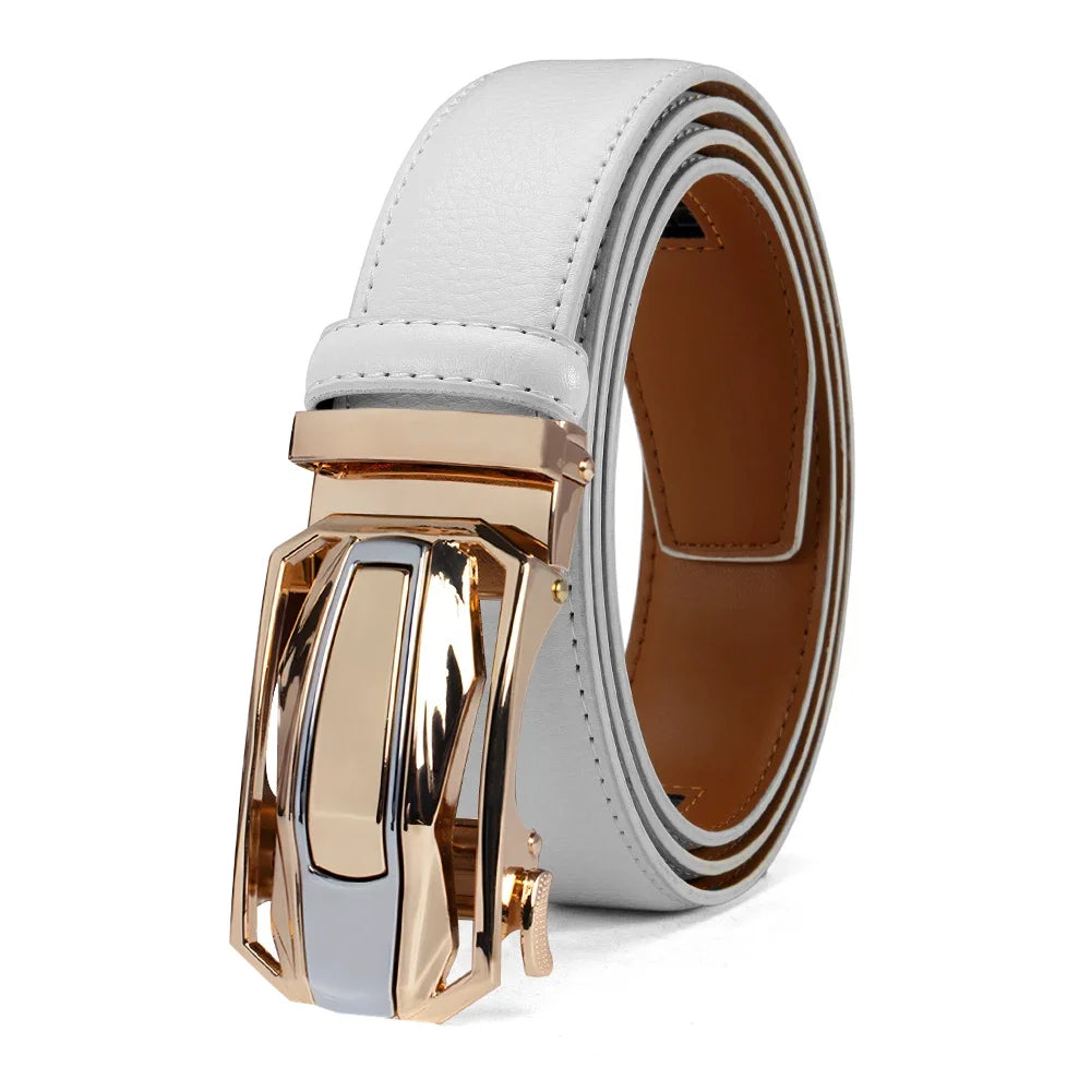A rolled-up white faux leather belt with a large, geometric rose gold and silver-tone automatic buckle, shown on a clean white background.