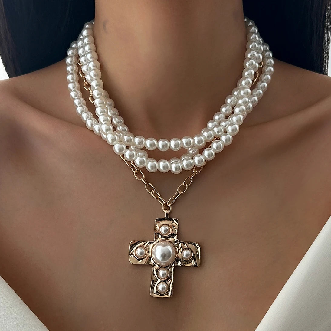 Aurea Pearl Necklace – Layered Choker with Sculptural Cross Accent