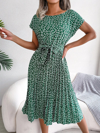 Valentina Floral Pleated A-Line Dress – Women’s High-Waist Midi