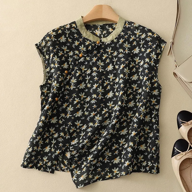 Mei Linen Sleeveless Blouse – Floral Loose Fit Summer Top