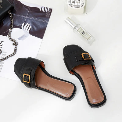 Sophia Designer Slide Sandals – Women’s Square Toe Leather Flats
