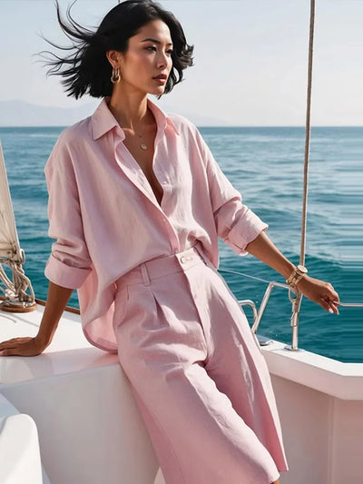 Elena Cotton Linen Set – Women’s Relaxed Shirt and Pleated Shorts Co-Ord
