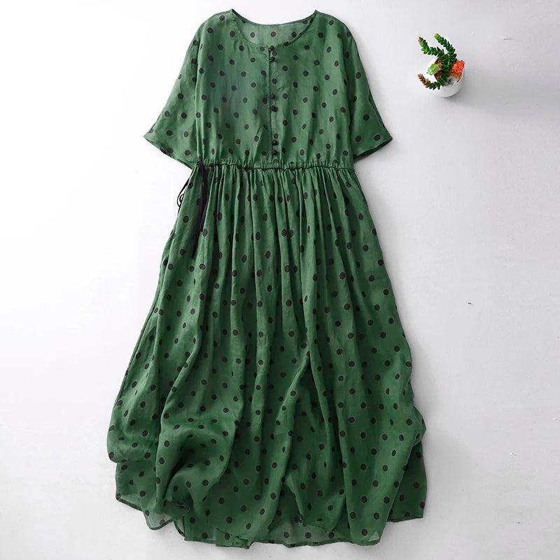 Celina Cotton-Linen Long Dress- Women's Polka Dot Boho Summer Fit