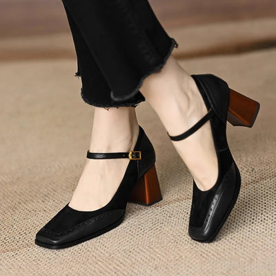 Clara Leather Heeled Shoes – Women’s Thick Heel Office Pumps