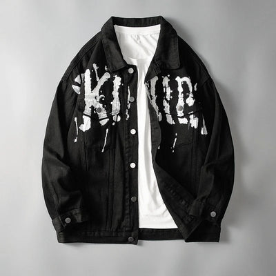 Black jacket with white text design on a gray background