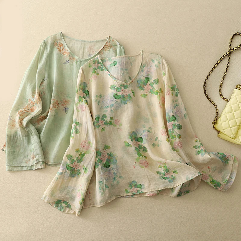 Aria Linen Floral Blouse – Loose Fit Long Sleeve Summer Top