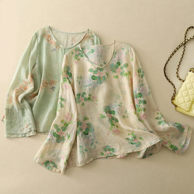 Aria Linen Floral Blouse – Loose Fit Long Sleeve Summer Top