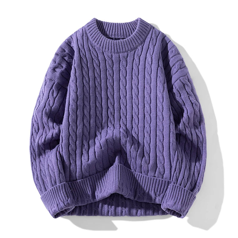 Purple cable knit sweater on a white background