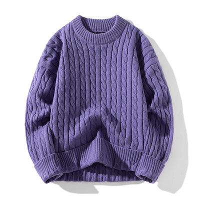Purple cable knit sweater on a white background