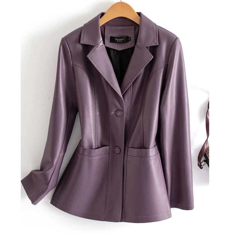 Purple leather jacket on a hanger against a white background