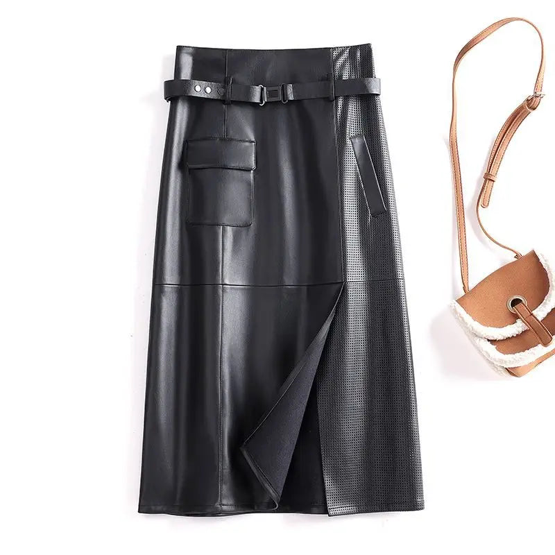 Black leather skirt with a belt and a brown handbag on a white background