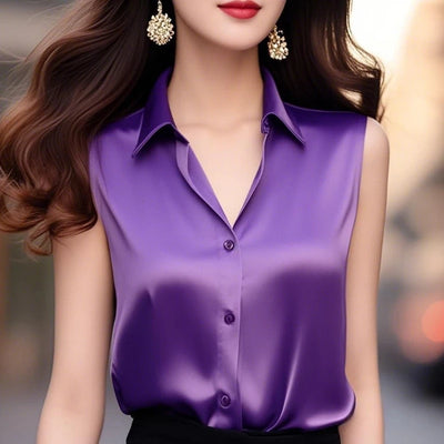 Lorenza Satin Sleeveless Blouse – Women’s Polo-Neck Top