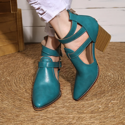 Elena Buckle Strap Block-Heel Booties