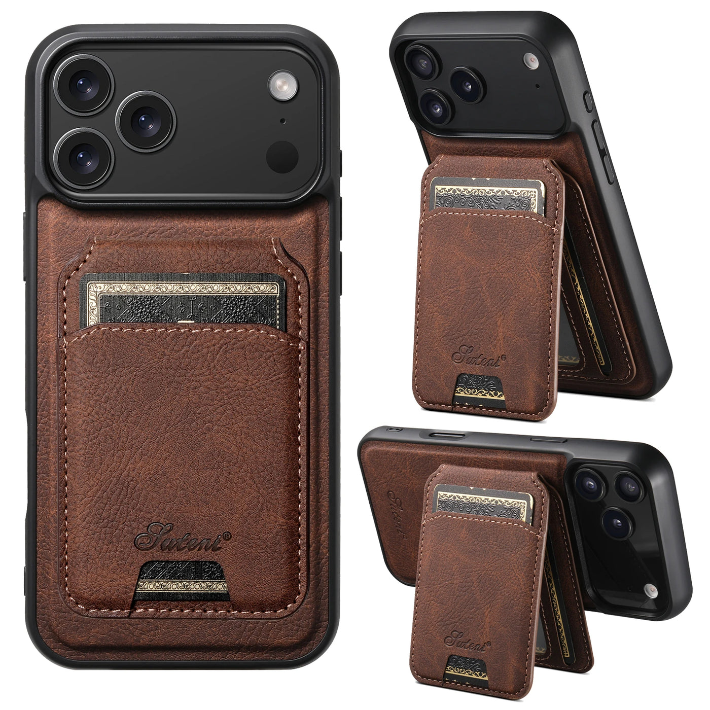 Brown leather phone case with card holder on a white background
