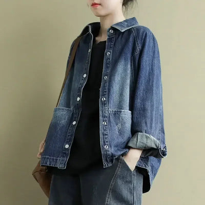 Lina Blue Denim Jacket - Women's Relaxed Fit with Frayed Detail