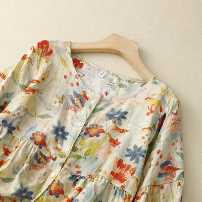 Ivy Floral Cotton-Linen Blouse – Loose Summer Short Sleeve Top