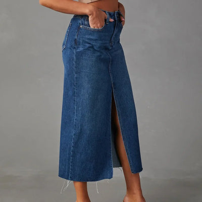 Gianna Denim Split Skirt – High-Waist A-Line Midi Skirt