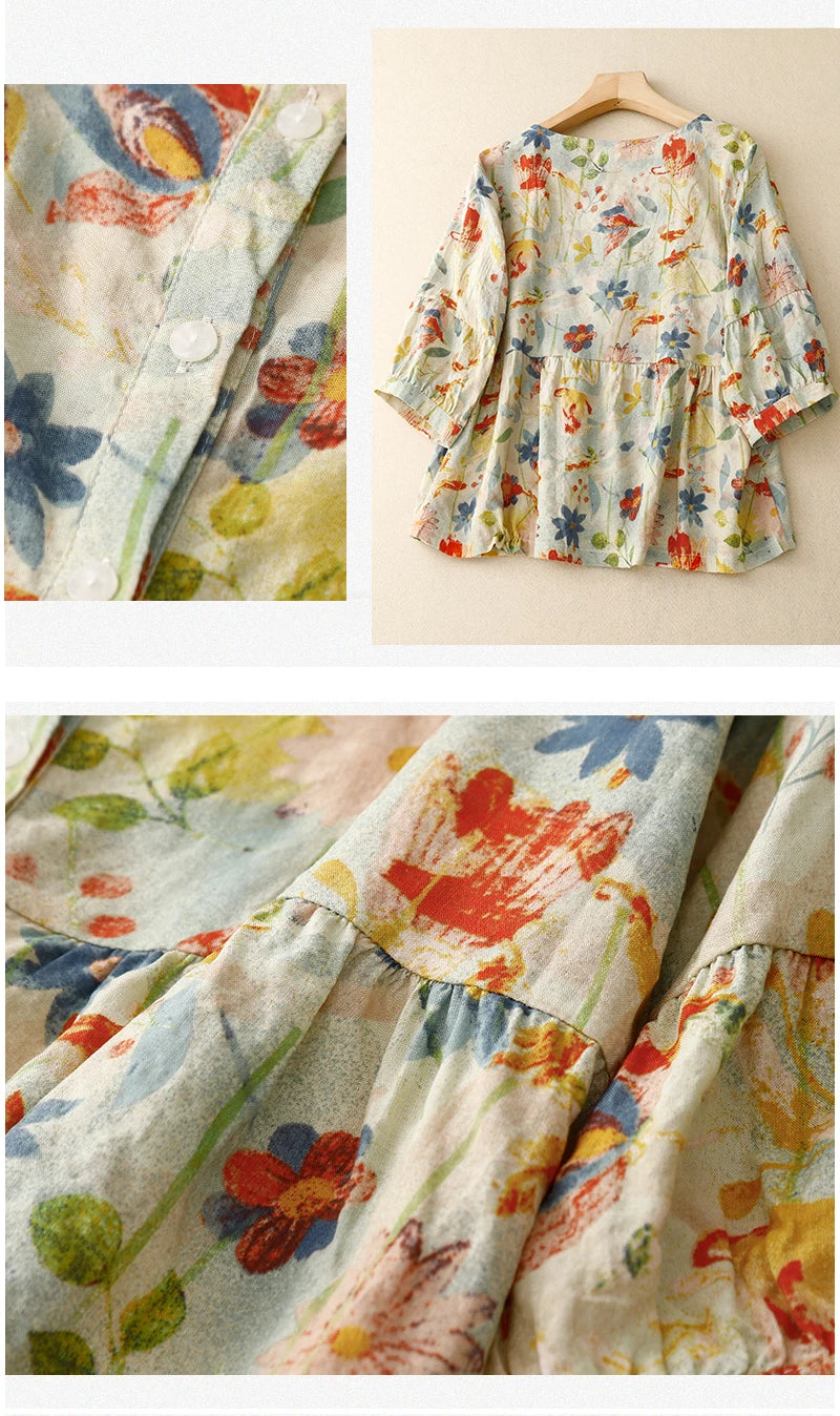 Ivy Floral Cotton-Linen Blouse – Loose Summer Short Sleeve Top