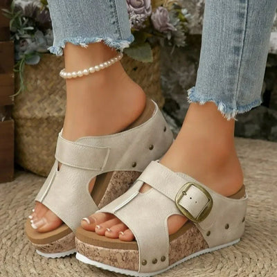 Giulia Cork-Platform Sandals – Thick-Heel Slip-On Buckle Sandals